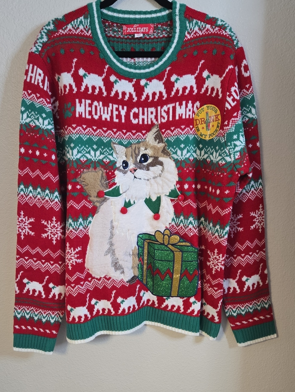 Meowey Christmas Crewneck Sweater - Red & Green
